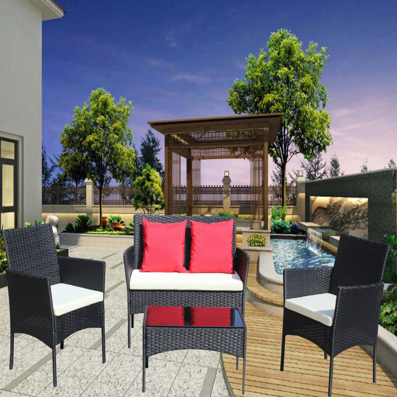 4 Pc Rattan Patio Furniture Set Outdoor Patio Cushioned Seat Wicker Sofa, White