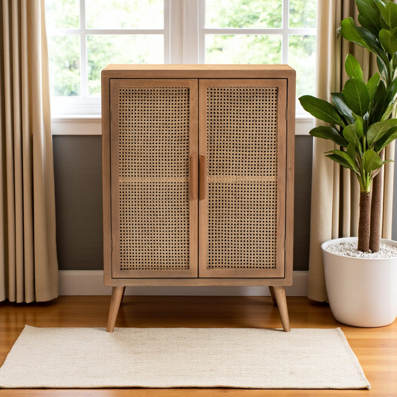 Ramp Medium Oak Finish 2-Door Accent Storage Rattan Cabinet, 43.91" H X 31.23" W X 13.79" D