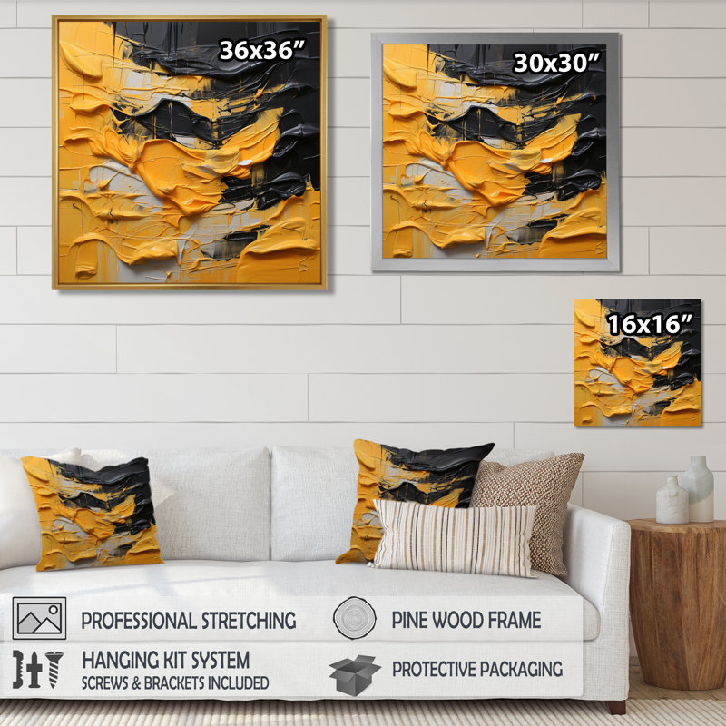 «Bold Mustard Yellow Tranquility - Abstract», reproduction d'art murale, Cadre flottant doré, H 36 po x l 36 po