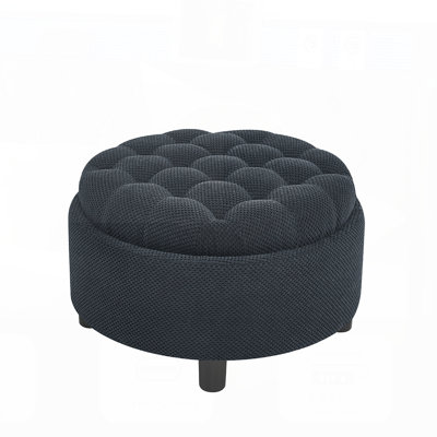 25Inch Round Storage Ottoman with Tray, Modern Tufted Fabric Circle Coffee Table, Upholstered Footrest with Removable Top for Living Room and Bedroom