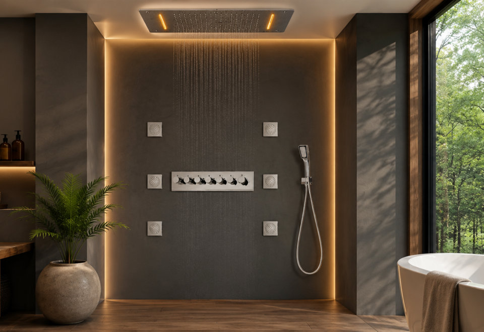 Modern walk-in shower system with a rainfall showerhead, multiple body sprays, and a handheld wand installed against a dark wall with ambient LED lighting.