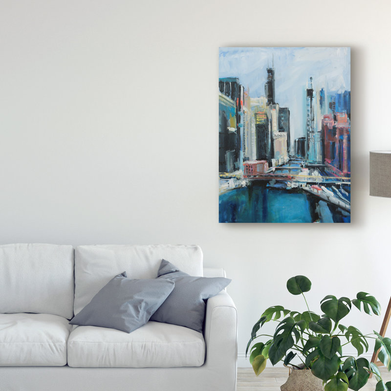 « river view cityscape », reproduction de peinture à l’acrylique sur toile tendue, H 47 po x l 35 po x P 2 po