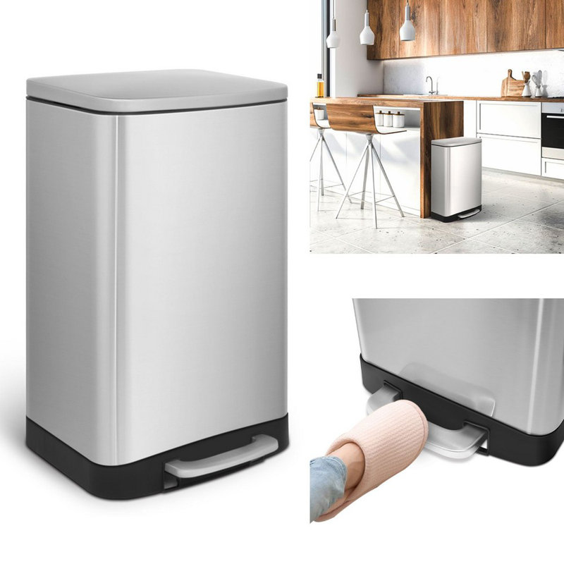 Brushed Stainless Steel Rectangular Step-On Trash Can, 10.6 Gallon