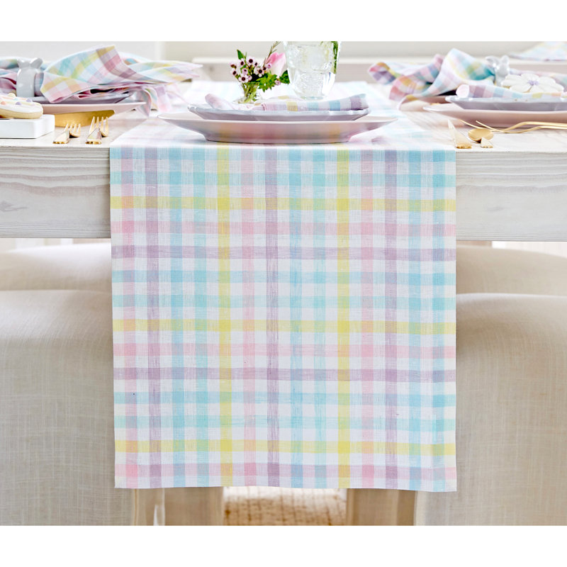 Gingham Checks - 100% Pure Linen Table Runner, 36" x 14", Pastel Gingham
