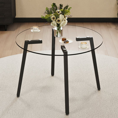 Modern Simple Round Dining Table Transparent Tempered Glass Top Metal Legs