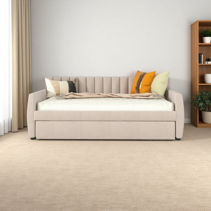 Upholstered Daybed，Wood Slat Support, Beige