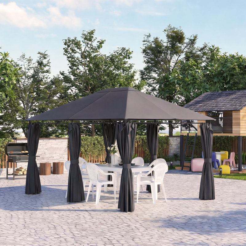 Pavillon de jardin extérieur 10 pi x 13 pi avec structure en acier, rideaux, gris foncé