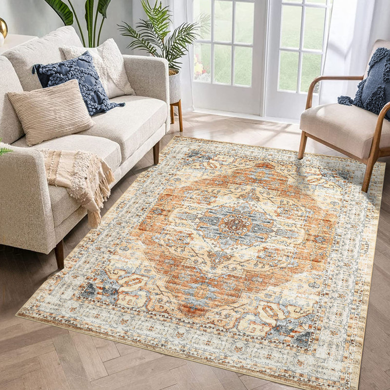 Oriental Machine Washable Rug for Living Room Bedroom Vintage Non-Slip Rug with Rubber Backing for Hallway Playroom Office Kitchen Dining Room Dorm and Bedside Decor
