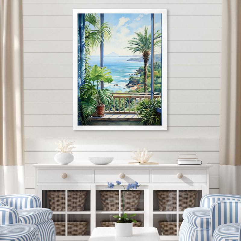 «Tropical Windows To The Beach II - Coastal Windows», art mural, Cadre simple blanc, H 20 po x l 12 po x P 1 po