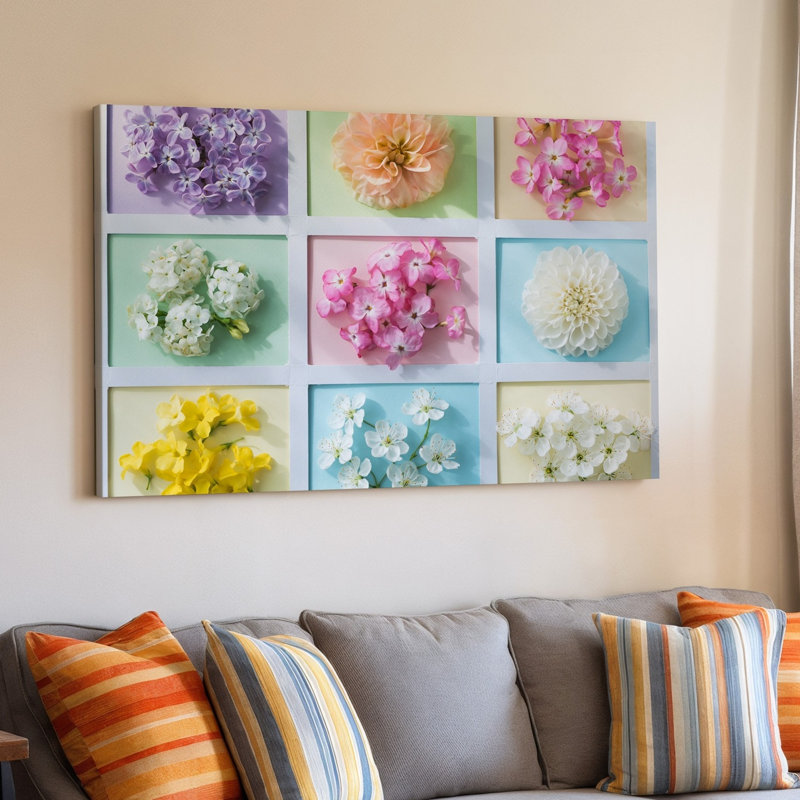 Toile, composition à plat avec un tableau de fleurs délicates disposées dans des cadres carrés de couleur pastel, art mural sur toile