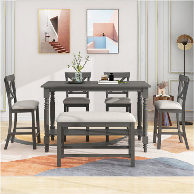 Ensemble de salle à manger 6 pièces à hauteur de comptoir avec table, 4 chaises et banc pour un repas élégant et fonctionnel (gris)