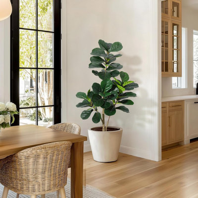 Artificial Fiddle Leaf Fig Tree with 108 Realistic Leaves in White Planter – Indoor Faux Ficus Lyrata Floor Plant for Home, Office, Living Room Decor