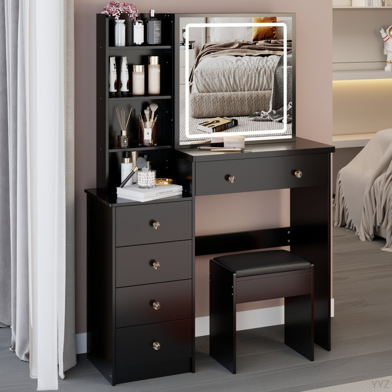 Meuble-lavabo de 37 po avec tabouret de taille moyenne 37 po + tabouret rembourré, grande commande tactile, interrupteur tricolore, miroir à luminosité réglable, rangement grande capacité, convient aux espaces moyens