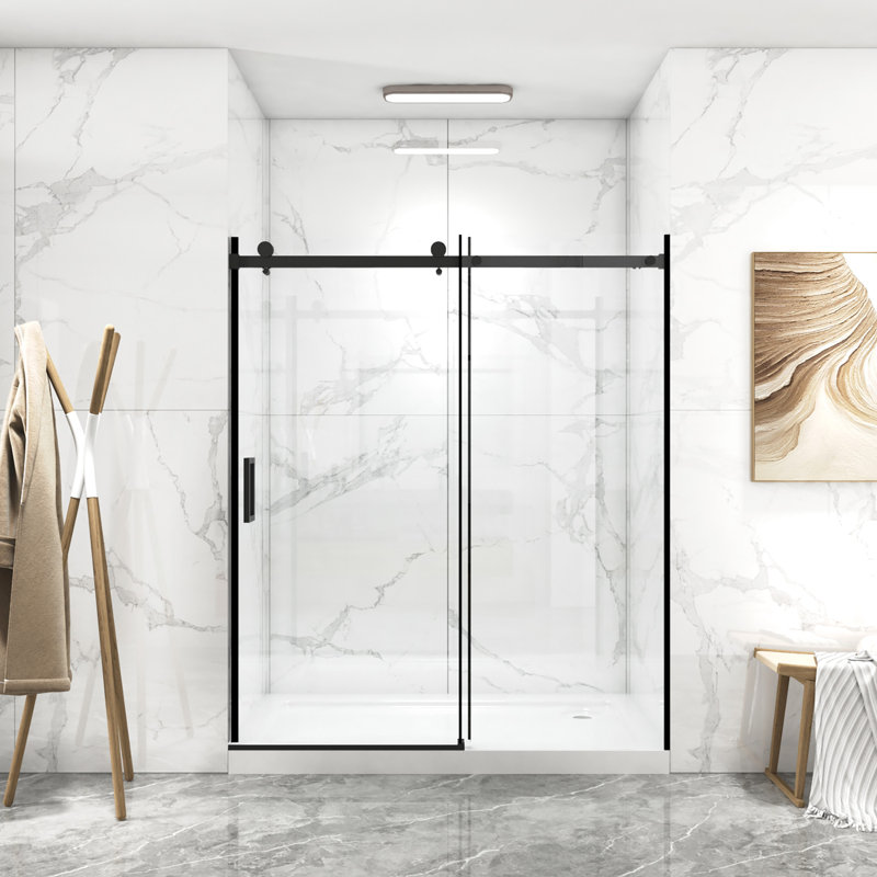 56"-60"W X 70"H Shower Door, Sliding 8Mm Tempered Glass Enclosure, Matte Black, Double Side Easy Clean, Waterproof For Bathroom Rust-