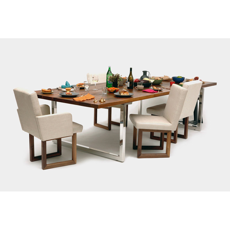 Gax Walnut Wood Dining Table, 48" W x 108" L, Polished Stainless Steel