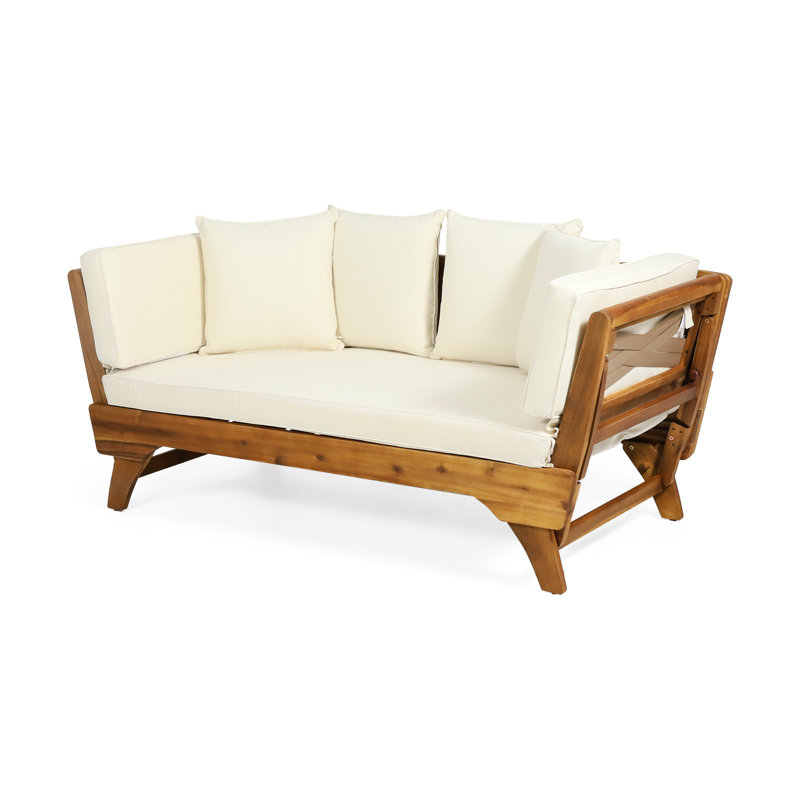 Lit de jour en bois et tissu avec rembourrage d'eau, Complet/Double, Beige/Teak 