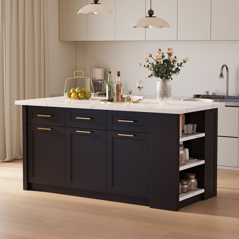 Îlot de cuisine blanc avec rangement 71 po, grande armoire de cuisine avec table de préparation pour la salle à manger, Noir