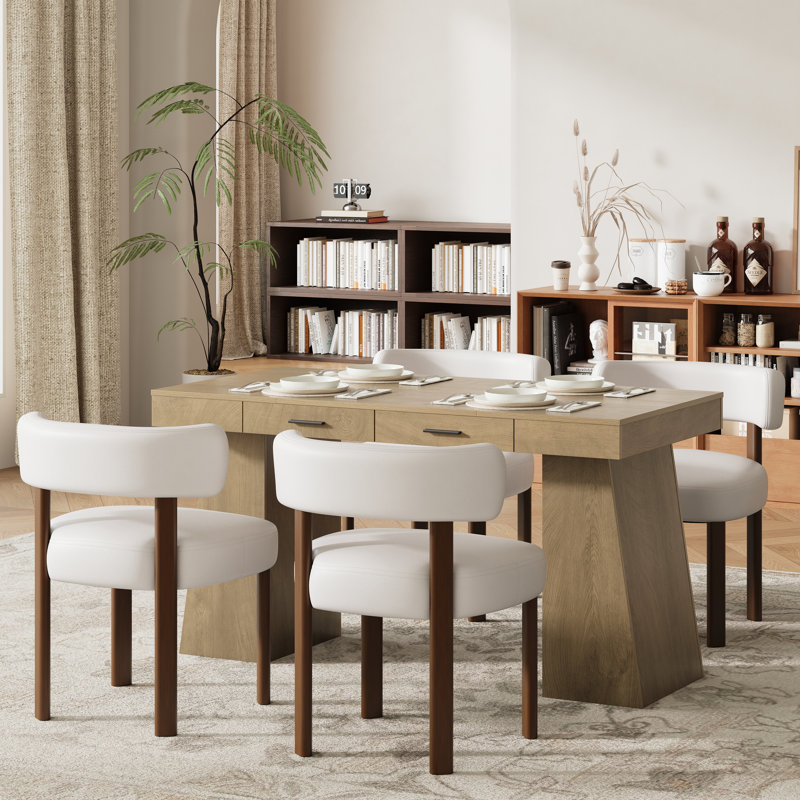 Modern Solid Wood Dining Table Set With 2 Drawers, Brown, Beige