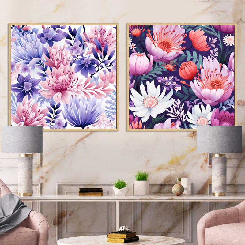 Ensemble de 2 collages carrés violets à motif floral violet, H 16 po x l 33 po, Cadre flottant brun