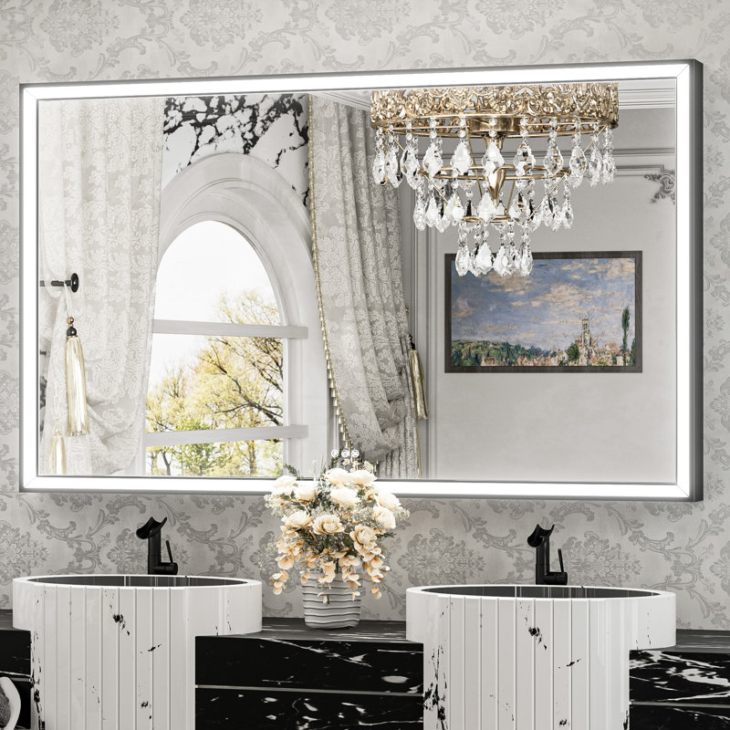 Miroir de salle de bain avant à DEL antibuée avec cadre en métal biseauté, 36 po x 60 po, Noir mat, Rectangulaire