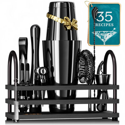 Mixology Bartender Kit Bar Set | 14-Piece Cocktail Shaker Set | Martini Barware Mixing Tools For Home Bartending | 35 Recipe Cards | Gift Set (28Oz Boston Shaker, Jet Black/Black)