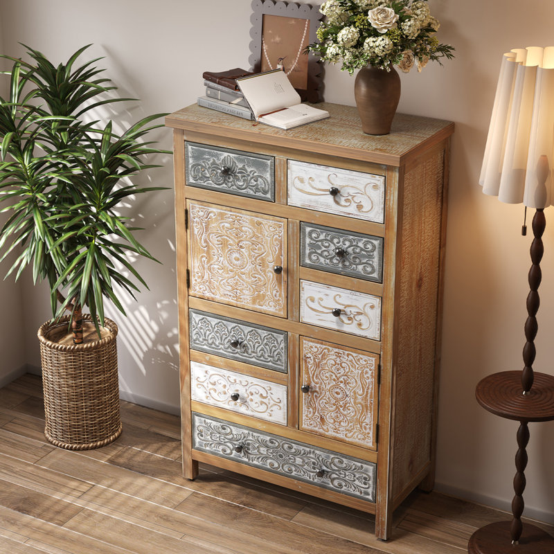 Vintage Tall Wooden Accent Cabinet with Six Drawers and Two Doors, Rustic Multicolor Carved Storage Chest for Living Room, Bedroom, and Bathroom, Farmhouse Style Decor Storage Solution for Organized Home Spaces