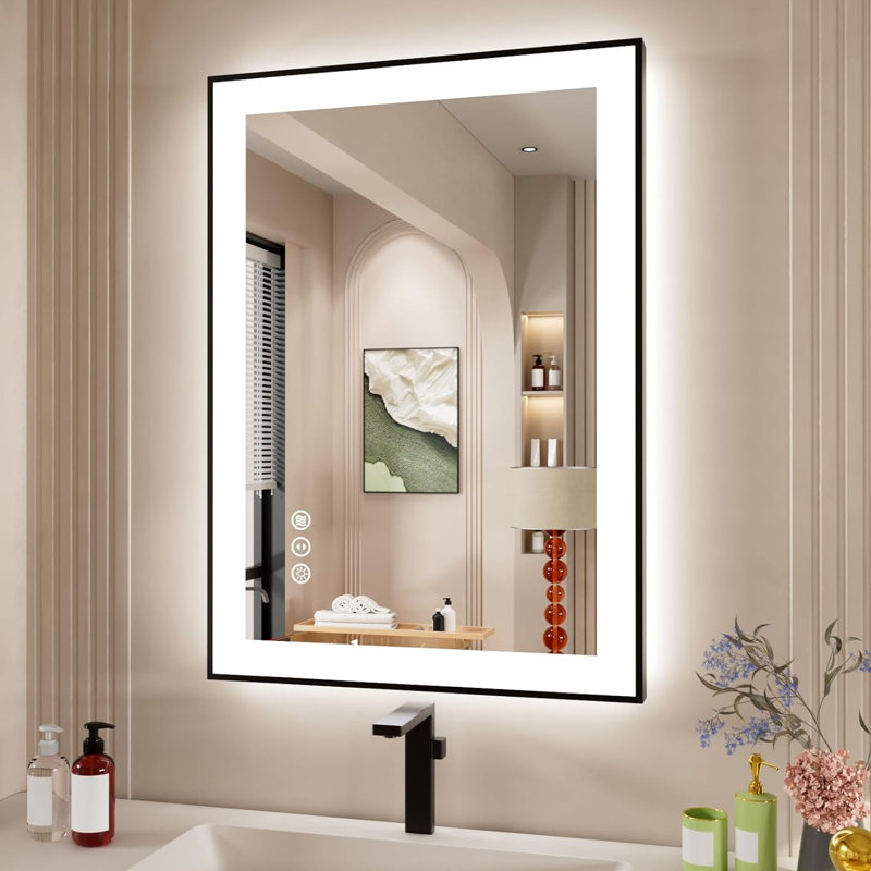 LED Bathroom Mirror With Black Frame, Backlit And Front Lighted Bathroom Mirrors For Wall, 28" x 20"