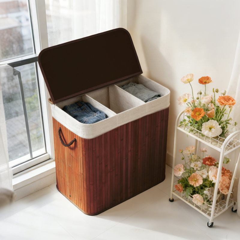 Natural Bamboo Laundry Hamper With Lid & Handles, Removable Liner, Ideal For Bathroom, Bedroom, Laundry Room, Brown