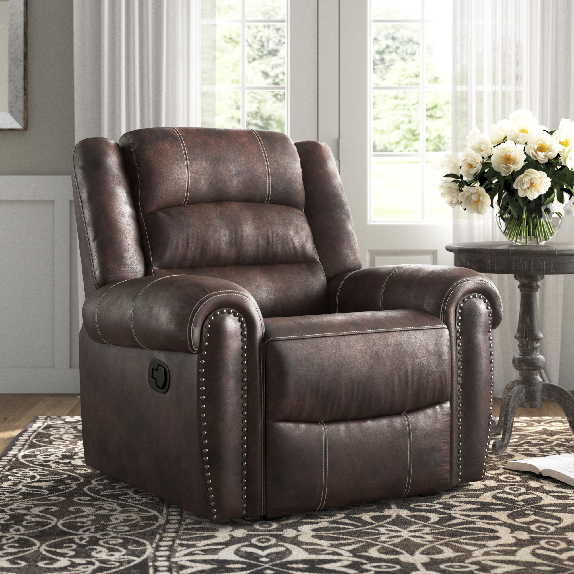 41 Wide Classic Super Soft and Oversize Faux Leather Manual Recliner with Rivet (Set of 2) Red Barrel Studio Upholstery Color: Brown