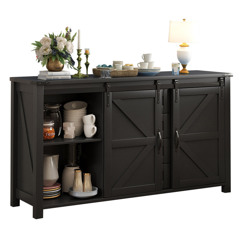 Farmhouse 55.1" Wood Sideboard Buffet Table With Sliding Barn Doors, 4 Drawers, And Built-In Power Outlet, Black | Gift Idea