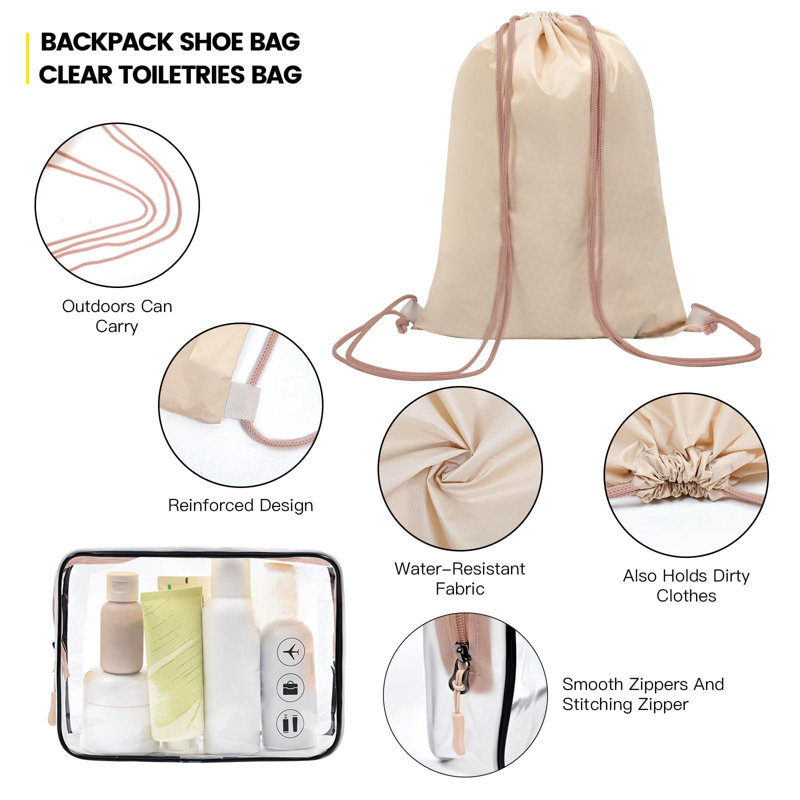 Organisateur de voyage compressible extensible avec articles de toilette transparents et sac à dos