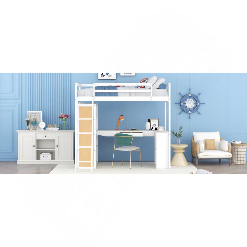 Lit mezzanine avec échelle, tablettes et bureau, blanc, Lit simple