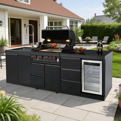 Îlot de cuisine extérieur 102,4 po, barbecue au propane à 5 brûleurs, 59 500 Btu, réfrigérateur et évier intégrés, acier inoxydable 304, comptoir en marbre, station de barbecue tout-en-un pour le patio (noir)