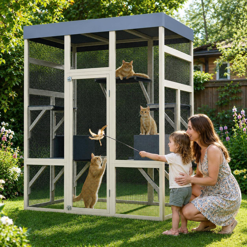Enceinte d'extérieur pour chat 70 po en bois avec toit 70 po pour terrasse et jardin