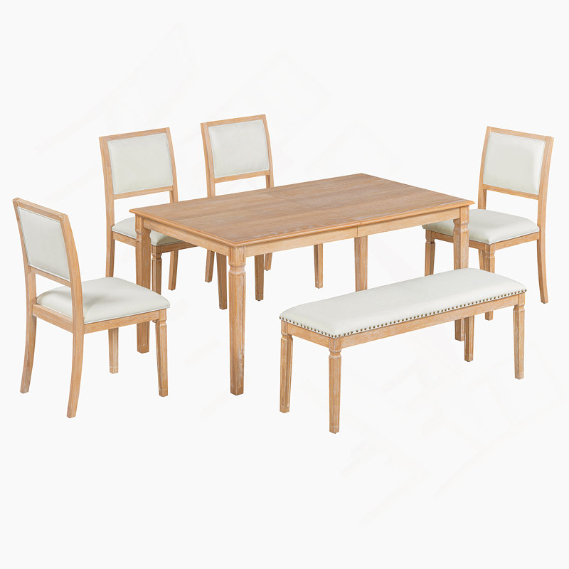 Extendable Dining Table Set, Kitchen Table With 4 Chairs And 1 Bench, Beige/Natural Wood Wash, Natural Wood Wash