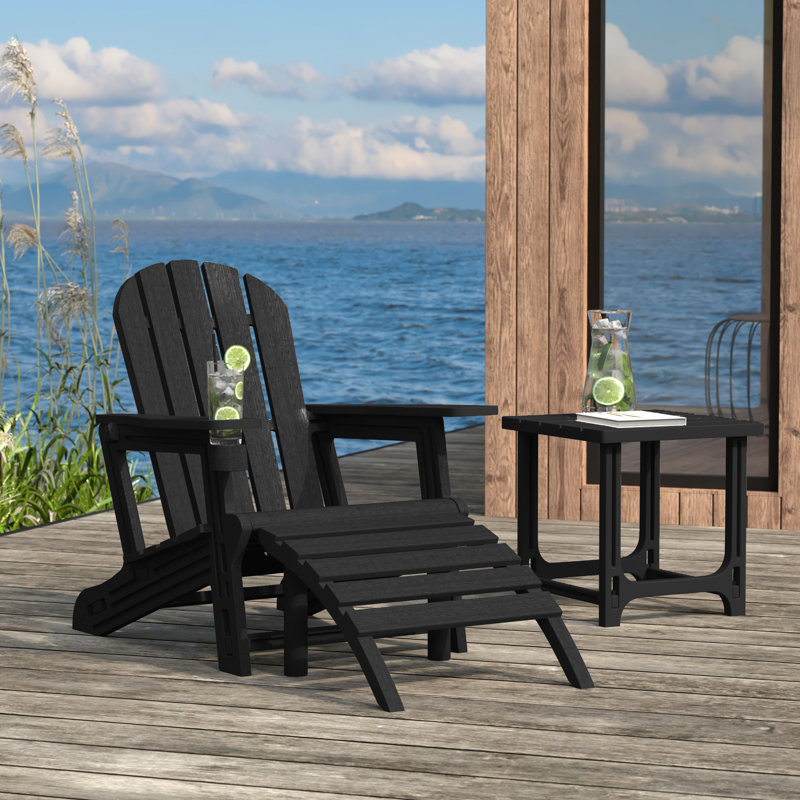 Outdoor Poly 3-Piece Set Adirondack Chair With Ottoman And Side Table, Black