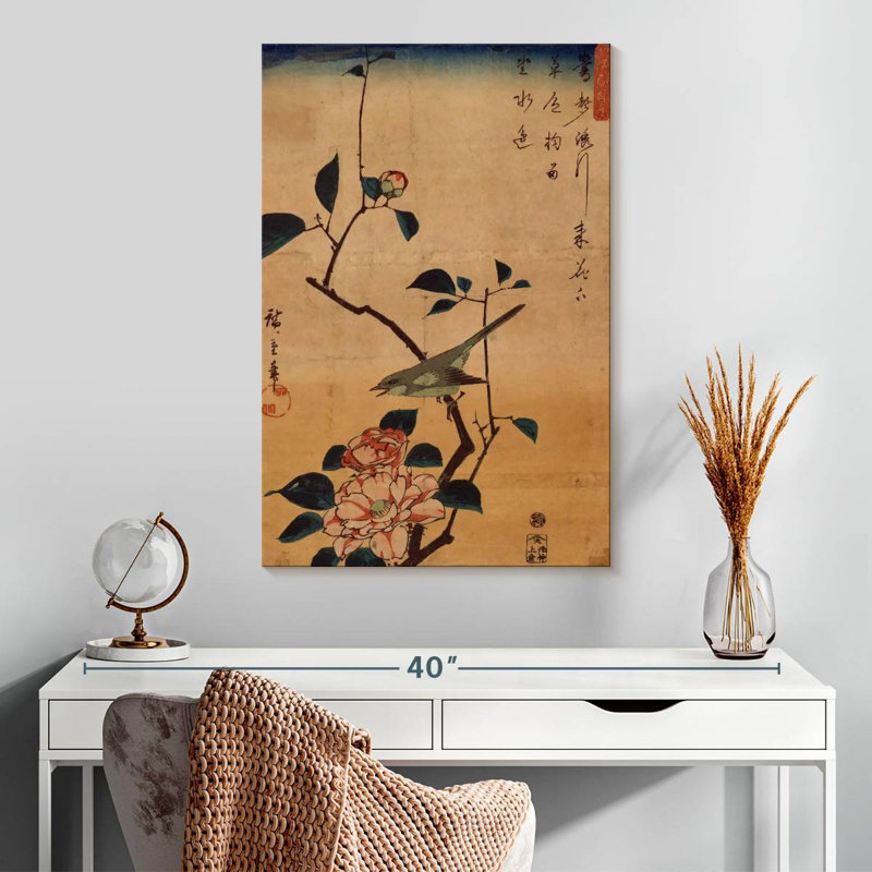 Brampt Ukiyo-E Camellia And Nightingale, 30" H x 20" W