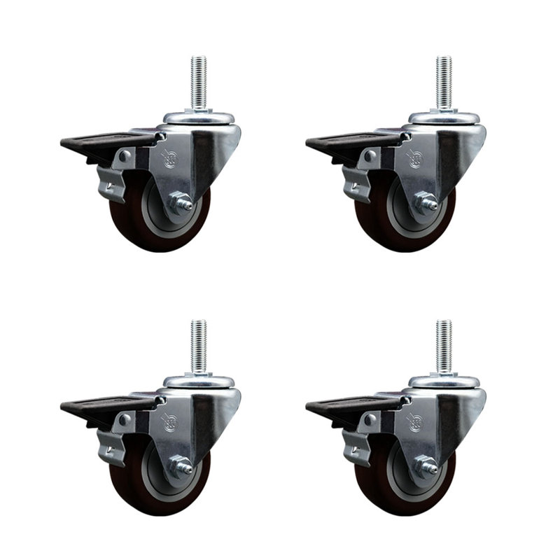 Ensemble de roulettes à tige filetée avec frein pivotant 3 po 3 po 3/4 po, Marron