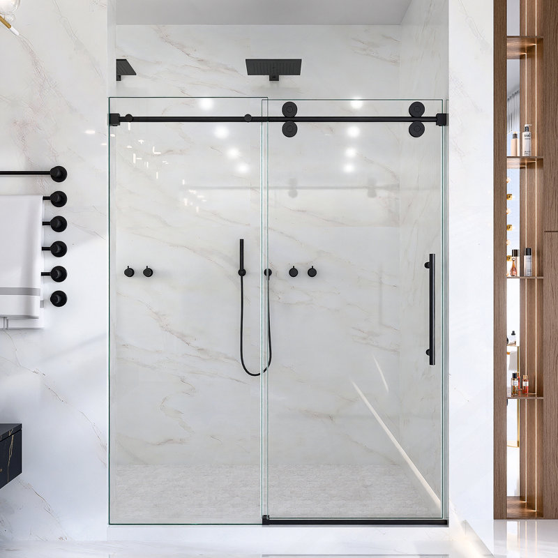 56"-60"W*72" H Frameless Single Sliding Shower Door – 5/16" (8Mm) Clear Tempered Glass, Bypass Design With Matte Black Finish