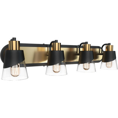 Bathroom Vanity Light, 4 Lights Bathroom Light Fixtures, 28.3 Inch Bathroom Light Fixtures Over Mirror, Black With Bevelled Edge And Clear Glass Shade Wall Lamp