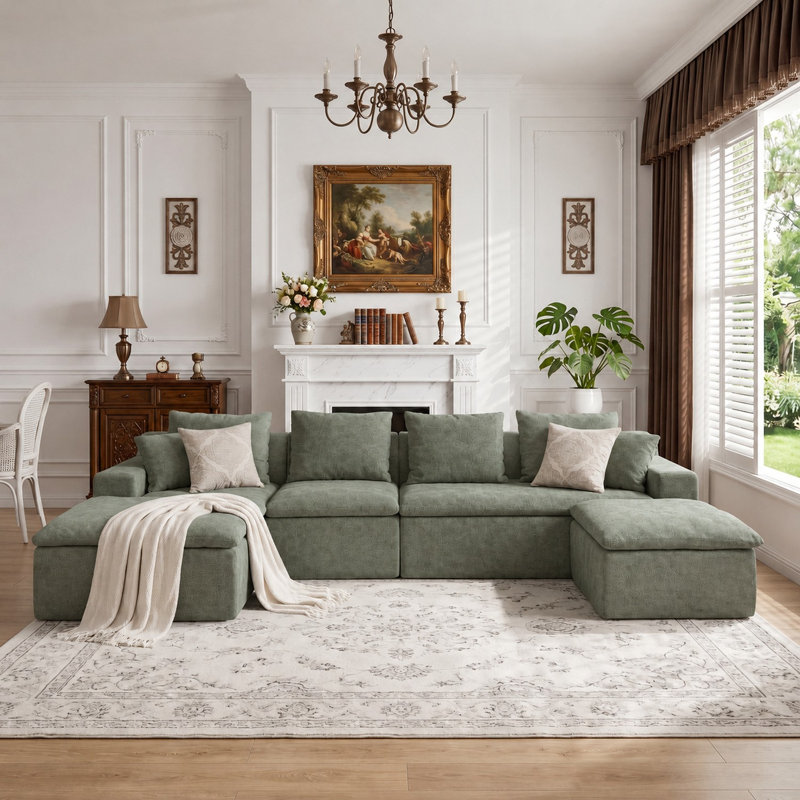 Canapé d'angle modulaire en forme de U de 3 m (118,1 po), canapé à compression en chenille avec ressorts ensachés, canapé moderne à assise profonde pour salon, livré roulé et livré sans assemblage