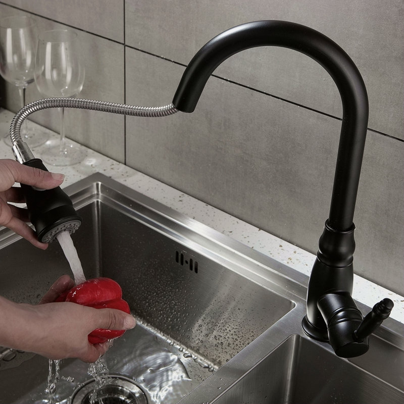 Robinet de cuisine commercial noir avec douchette extractible, robinet d'évier de cuisine à poignée simple