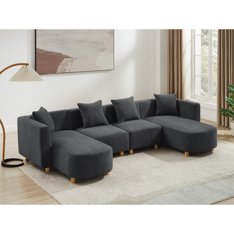 Modern Upholstered Sectional Sofa, Black Polyester