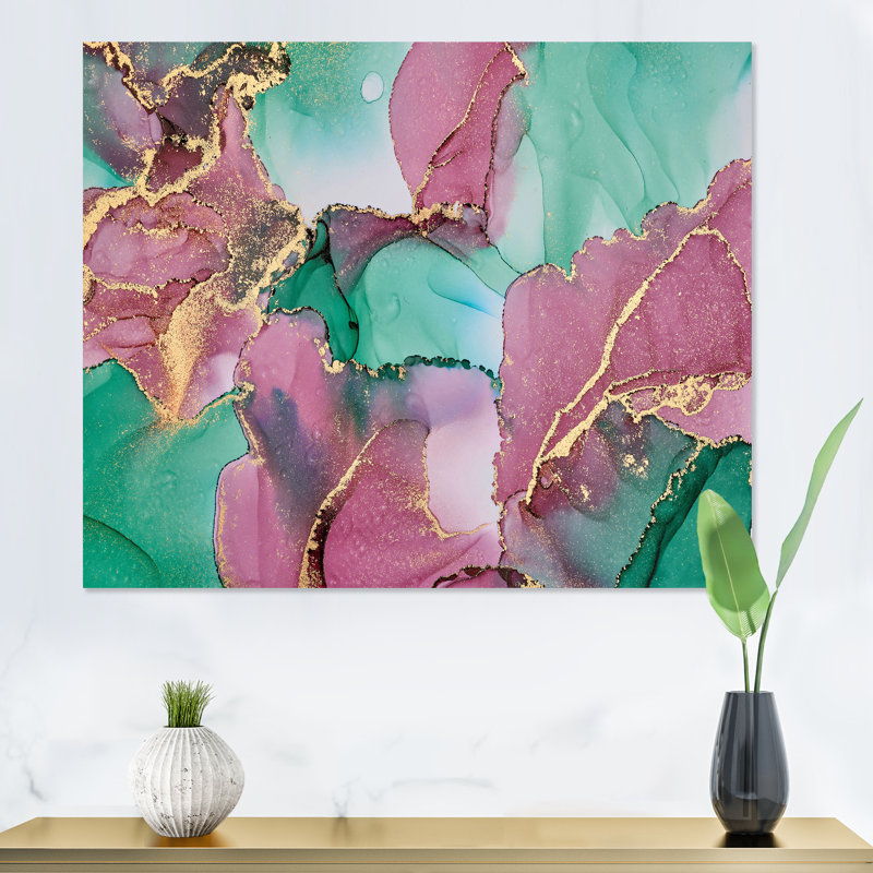 Mauve et vert luxueux abstrait fluide II - peinture sur toile, H 12 po x l 20 po x P 1 po, Toile tendue