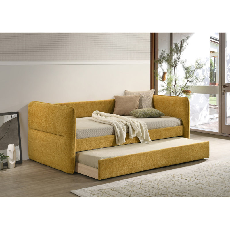 Luxurious 1Pc Modern Daybed Pull Out Trundle Button Tufted Nailhead Trim Bedroom Living Room Furniture Oatmeal Finish, Gold