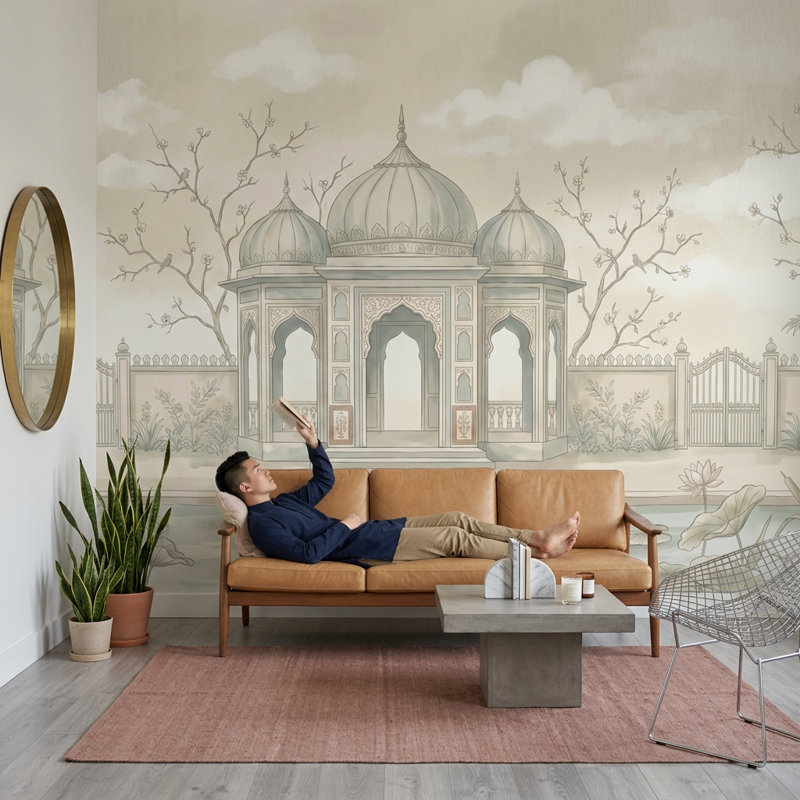 Décoration murale étang de lotus en forme de pavillon de jardin Mughal Pavilion, 120 po x 96 po, Texturé non collé