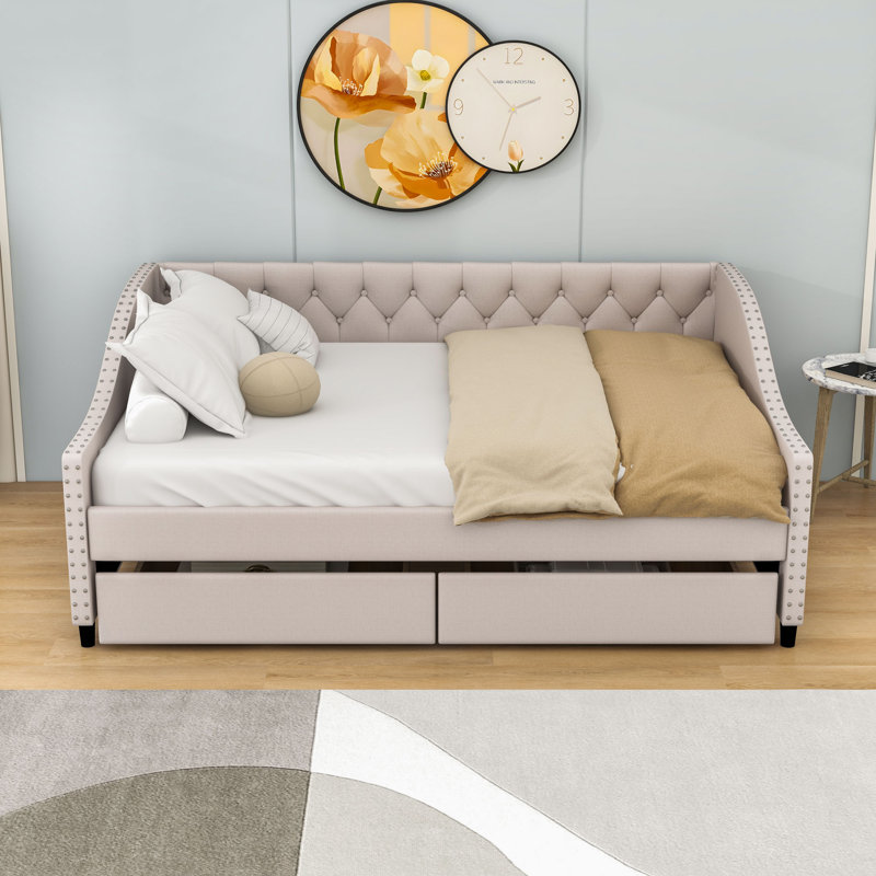 Timur Full Size 2 Drawers Upholstered Daybed Wood Slat Support, Beige