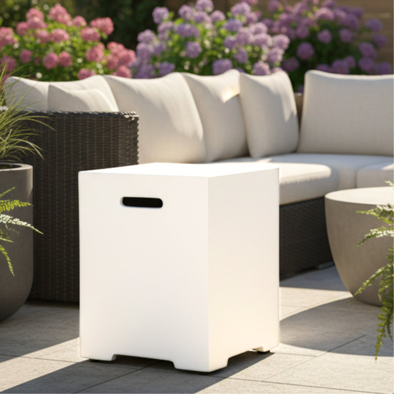 Housse de réservoir de propane 40 cm (16 po), table de rangement rétractable pour réservoir extérieur de 9 kg (20 lb) pour foyers à gaz, support pour réservoir en béton, gris ciment, gris pâle