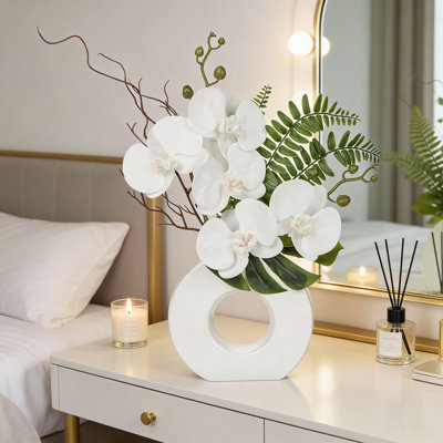 Lifelike White Silk Orchid Arrangement In Ceramic Vase For Home And Office Decor, Faux Floral Centerpiece For Indoor Tabletop