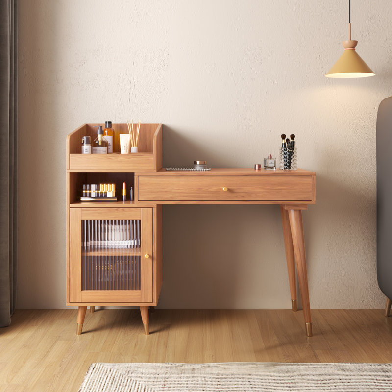 Coiffeuse, coiffeuse, bureau de coiffeuse avec tiroirs et armoire Ismar, Noir / beige